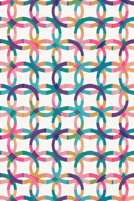 Vinyl floor covering with repeating multicolor interlocking loop pattern