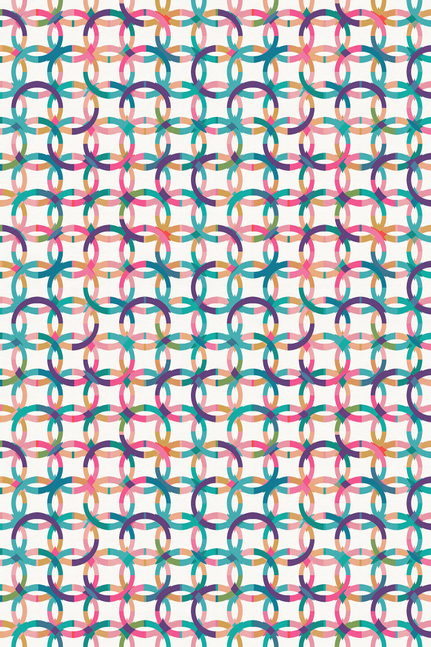 Vinyl floor covering showing repeating multicolor ring-link loop pattern