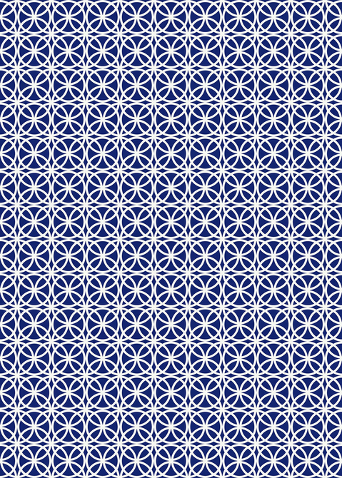Geometric vinyl floor covering, blue and white interlocking circle pattern