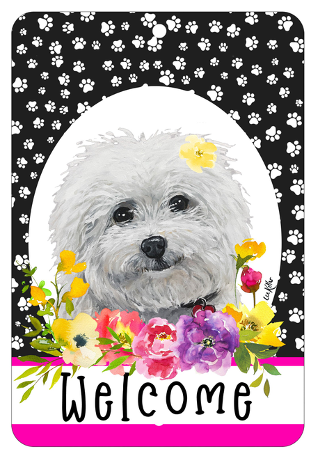 Bichon Frise - HHS Paw Prints Welcome Indoor/Outdoor Aluminum Sign - 1 / 8 x 12in - Outdoor's