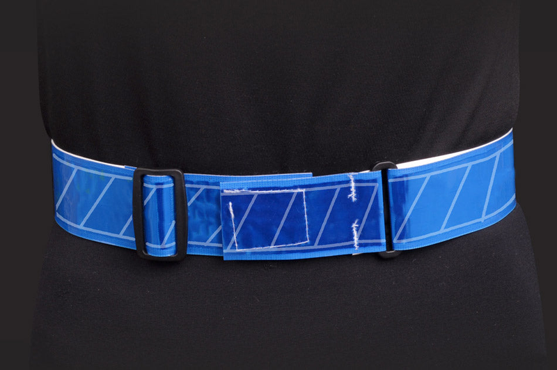 Bright blue reflective waist belt with metal buckle and adjustment loops