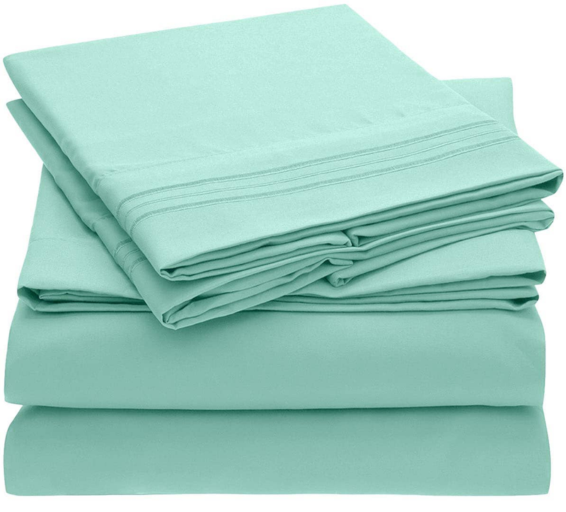 Teal sheet set with neatly stacked flat and fitted sheets, wrinkle-resistant