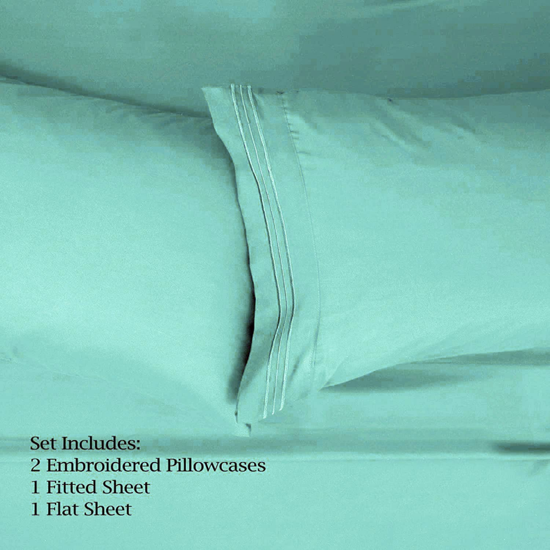Teal sheet set with elastic seam detail; includes pillowcases and flat sheet