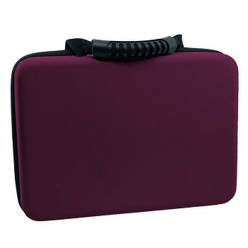 Burgundy battery storage case with black top strap and coiled cable, front view