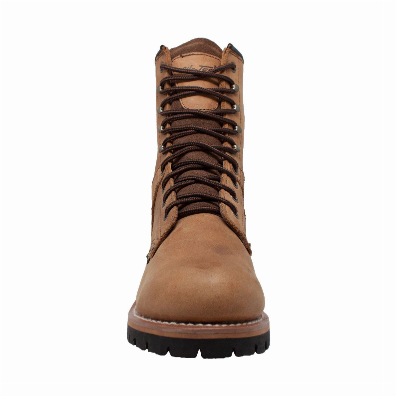 Men's logger boots in tan leather with tall lace-up shaft and thick black tread sole