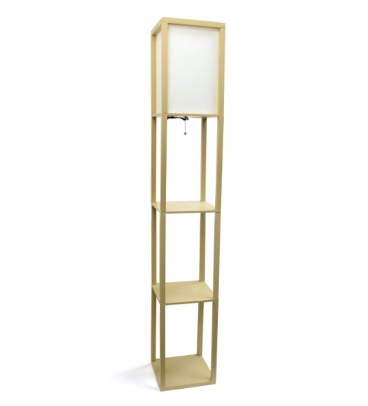 Column shelf floor lamp with linen shade, three-tier open frame in light wood