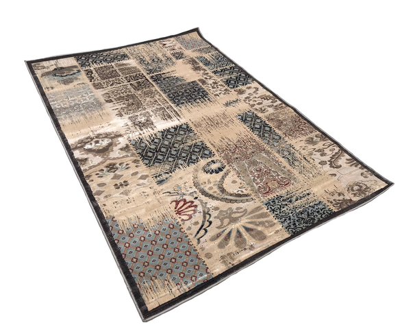 Beige ivory vintage abstract area rug with dark border and multicolor geometric patchwork