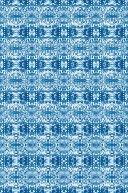 Abstract blue vinyl floor covering with tiled damask-style detail