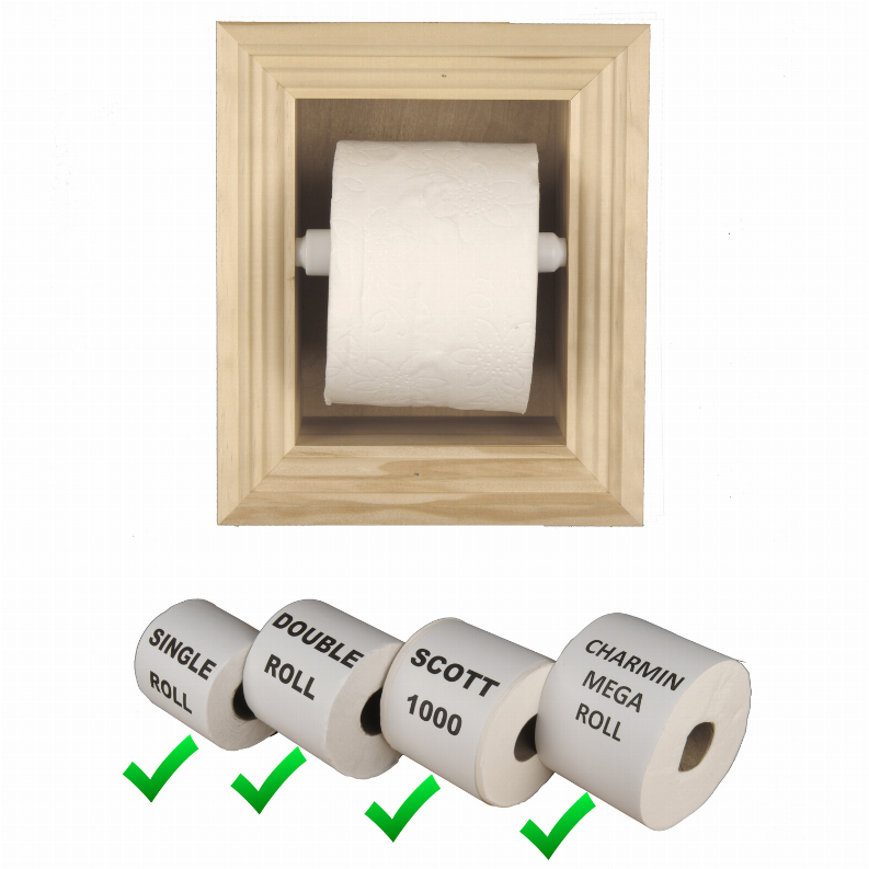 Recessed light wood toilet paper holder with white roll inside square frame