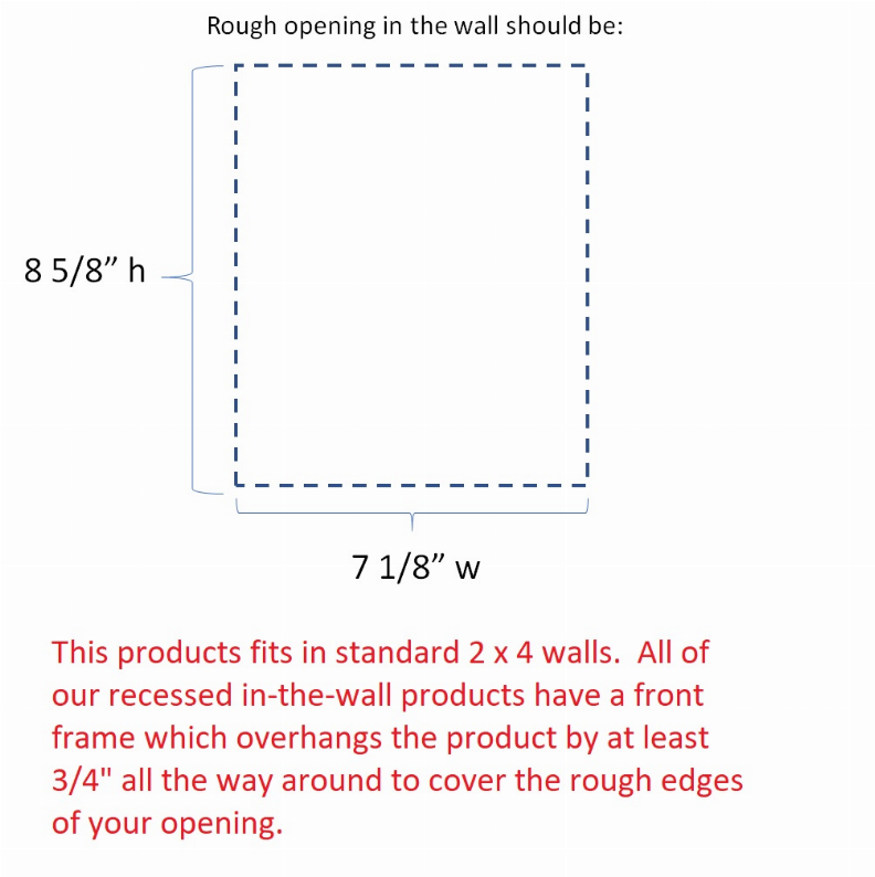 Recessed toilet paper holder rough opening size diagram, 7 1/8" wide x 8 5/8" high