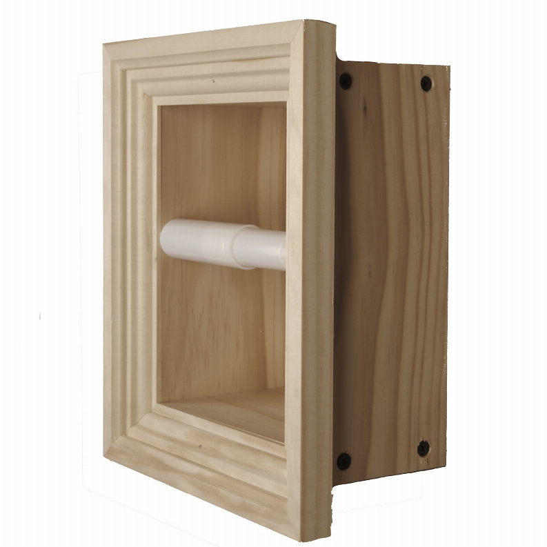 Recessed solid wood toilet paper holder with white roll in front open frame niche