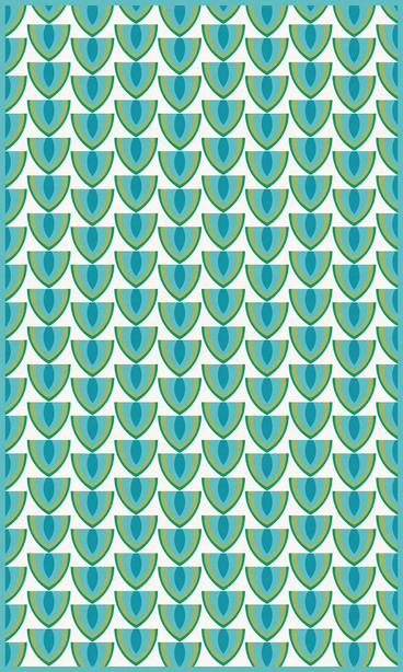 Teal vinyl floor covering with dense repeating heart-and-teardrop motifs