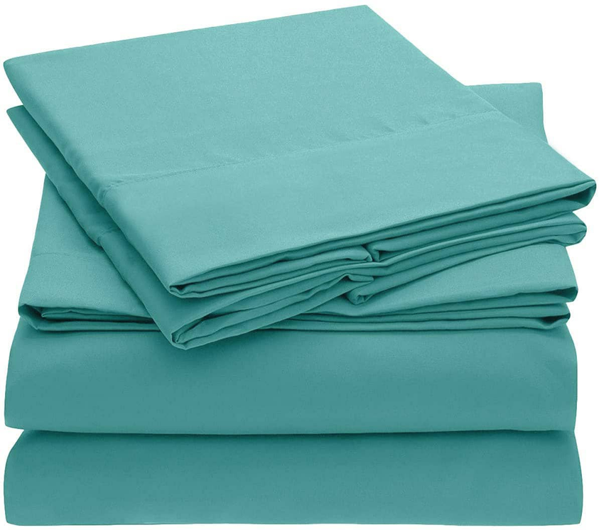 Teal sheet set: folded soft fitted and flat sheets, wrinkle resistant