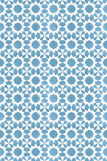 Geometric vinyl floor covering featuring repeating light blue hexagon motif