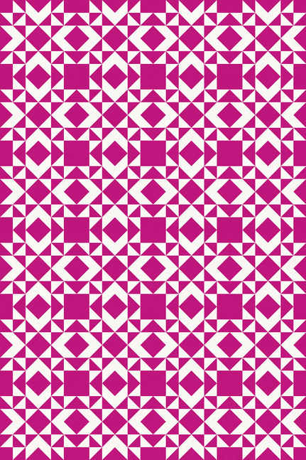 Geometric vinyl floor covering with pink/magenta and white repeating diamond pattern