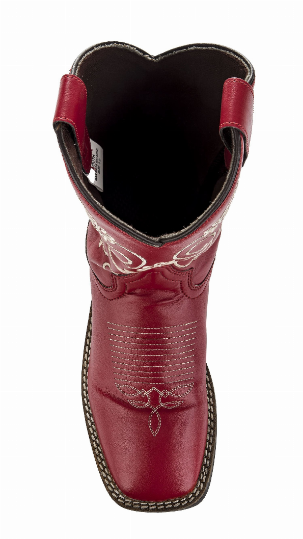 Children's red western boots with white embroidery, open top and black interior lining