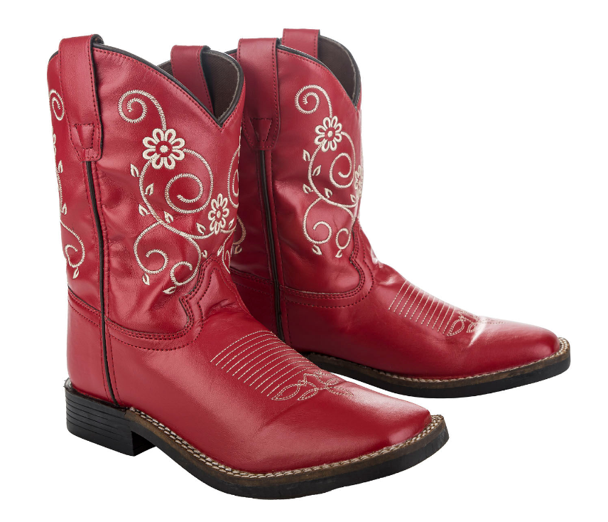 Children's red western boot pair with white floral embroidery and stacked black heel