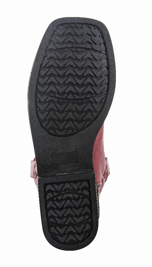 Children's western boot outsole, textured black tread on red boot heel