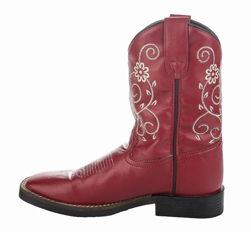 Children's red western boots with white floral swirls and stitched toe and heel