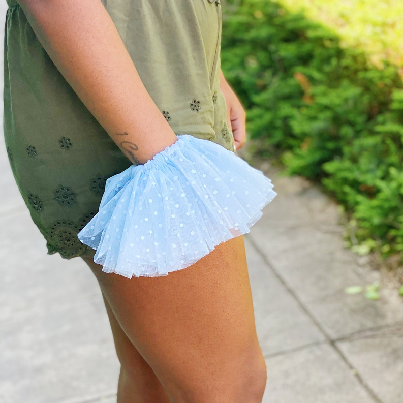 Light blue tulle hair scrunch with polka-dot texture and ruffled volume
