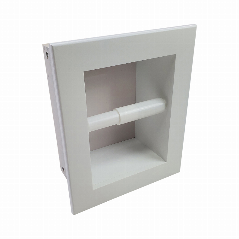 Recessed toilet paper holder wall mount with white finish and centered paper rod