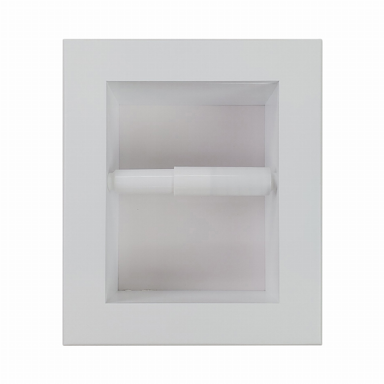 Recessed toilet paper holder with white square opening and paper roll on the rod