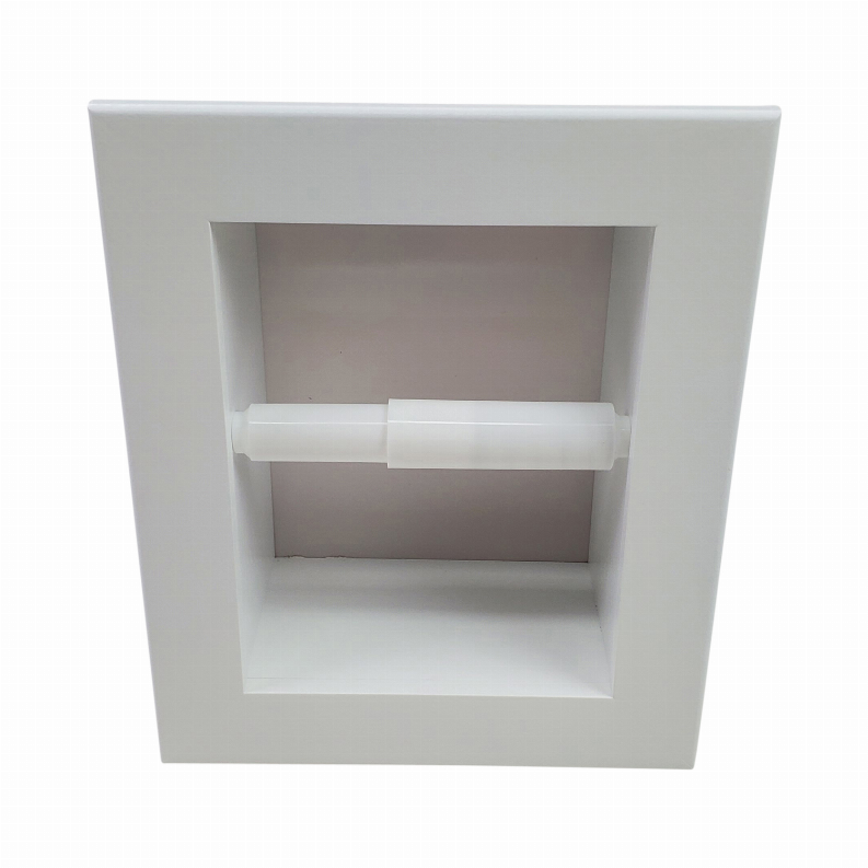 Recessed solid wood toilet paper holder with white finish and horizontal paper rod