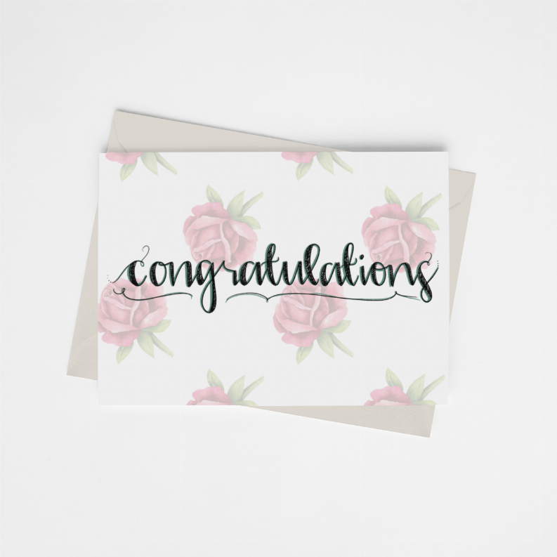 Floral congratulations greeting card front, pink roses with 'Congratulations' lettering