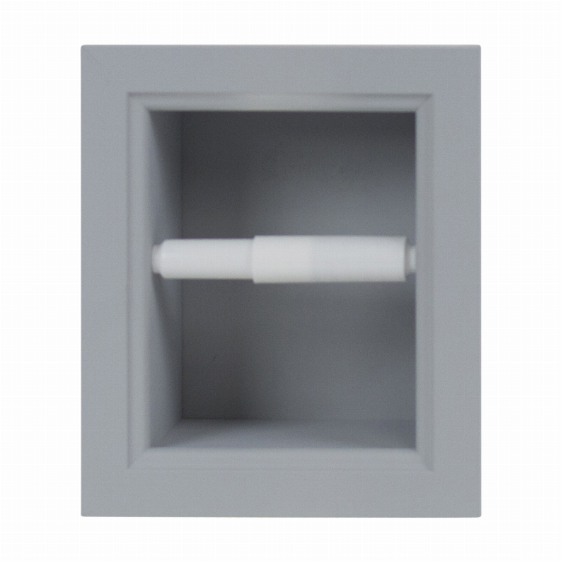 Square recessed toilet paper holder in light gray wood, roll centered in opening