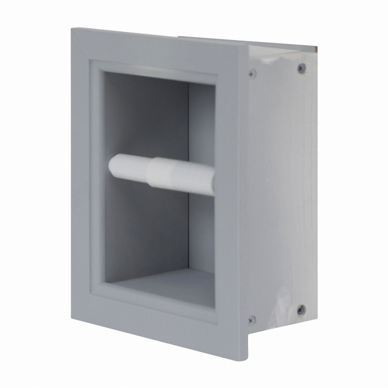Recessed light gray wood toilet paper holder with roll, side view with mounting holes
