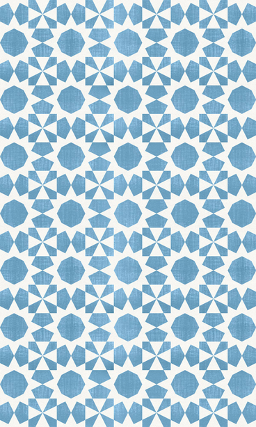 Geometric vinyl floor covering with repeating blue octagons and white diamond accents