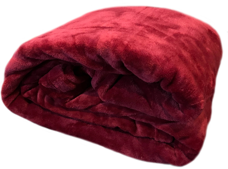 Rolled burgundy plush flannel throw blanket with layered folds