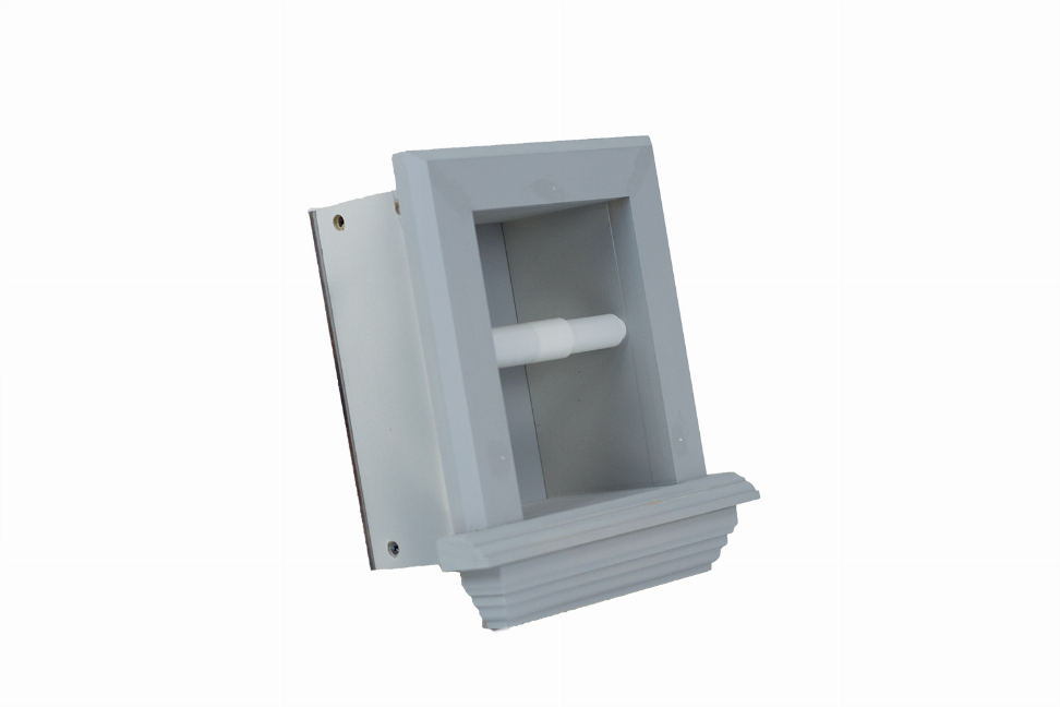 Recessed toilet paper holder with side mount and white paper roll, light blue-gray