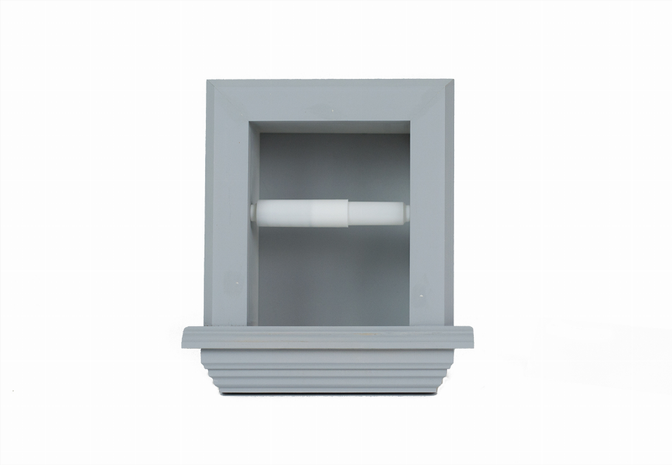 Recessed toilet paper holder with open frame and white paper roll, light blue-gray