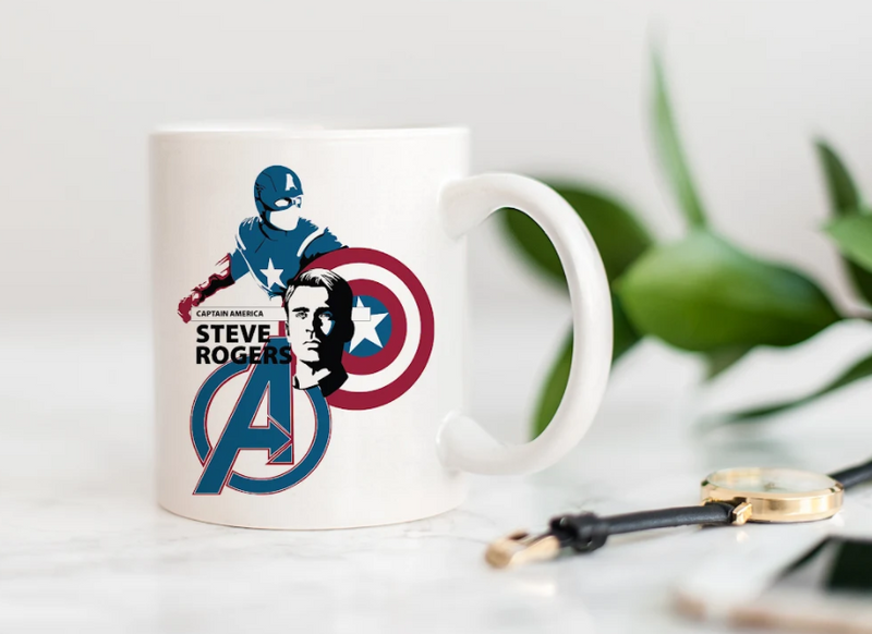 White coffee mug front design with Captain graphic and shield emblem, with handle