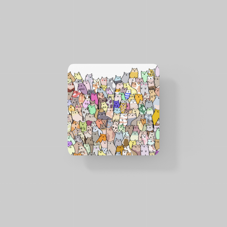 Rounded square cat-themed coaster with multi-color kitty pattern