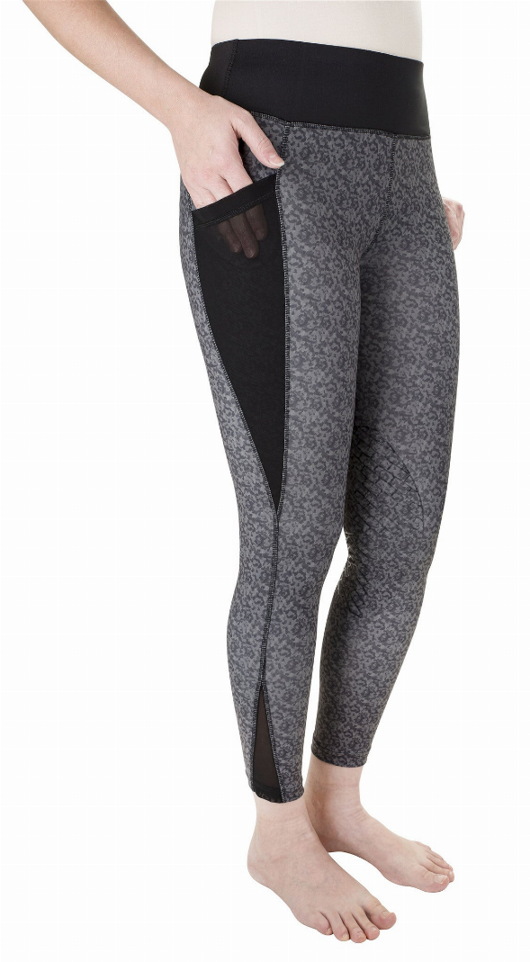 Gray camo riding tights with black waistband and side slit panels, full length