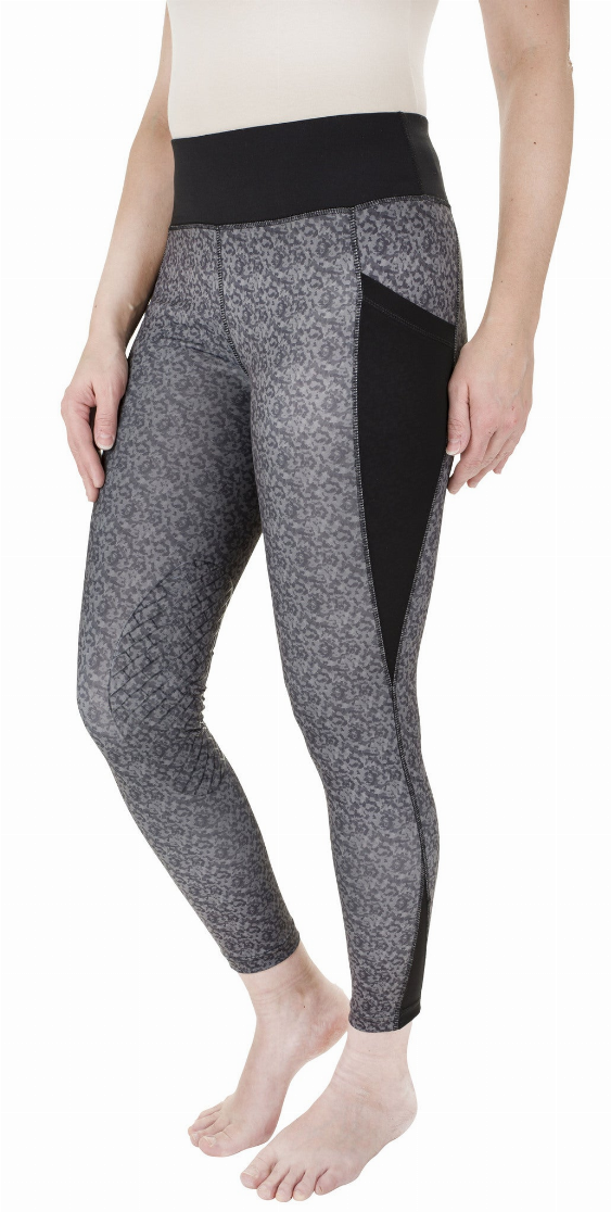 Gray camo riding tights with black side panels and high-waist band, front three-quarter