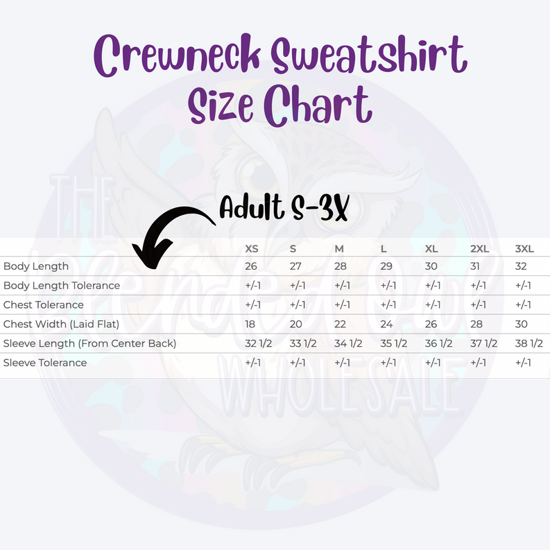 Crewneck sweatshirt size chart