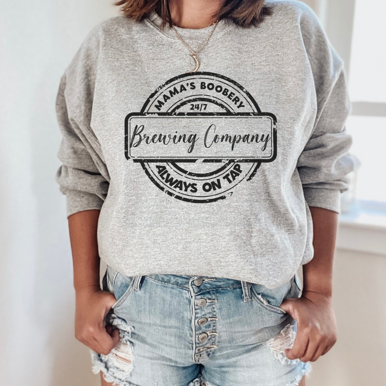Heather gray crewneck sweatshirt with large front logo graphic