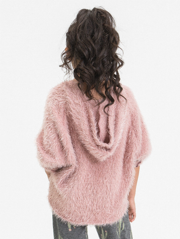 Pink shaggy hoodie with hood and long sleeves, draped back view
