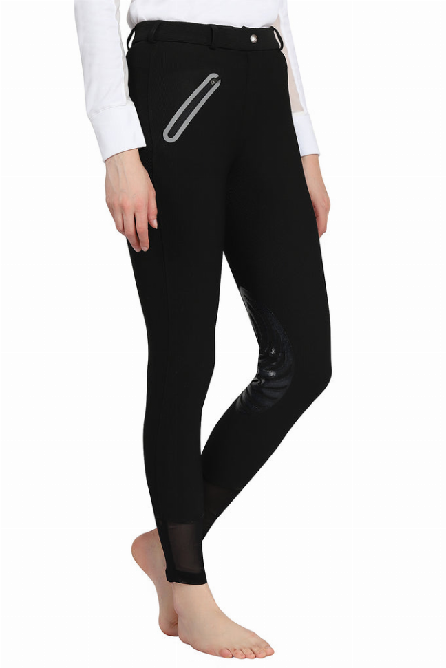 Black riding breech pants with silicone knee patches and diagonal seam at the thigh