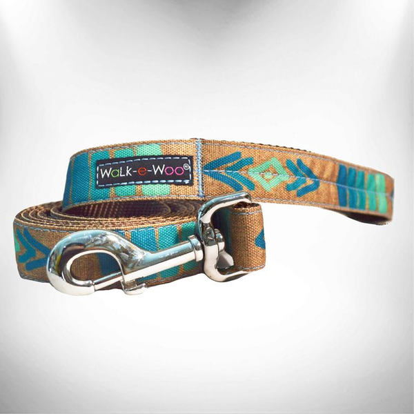 Dog leash with teal and tan woven pattern, metal clips and D-ring, Walk-e-Woo tag