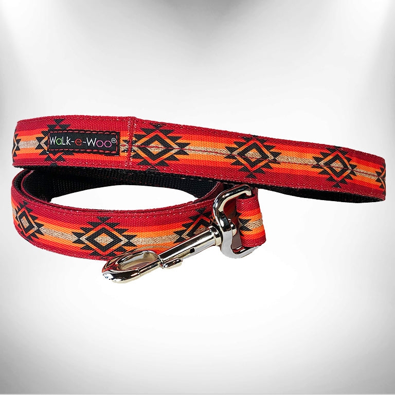 Red patterned dog leash with black trim, metal clasp and ring, Walk-e-Woo patch