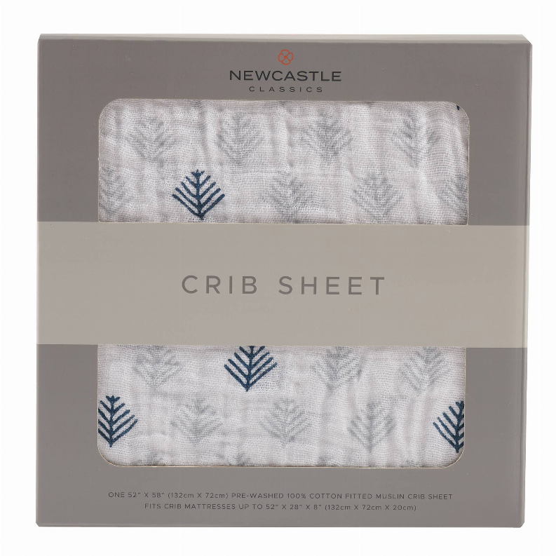 Gray crib sheet in box, blue leaf motifs with fitted muslin weave