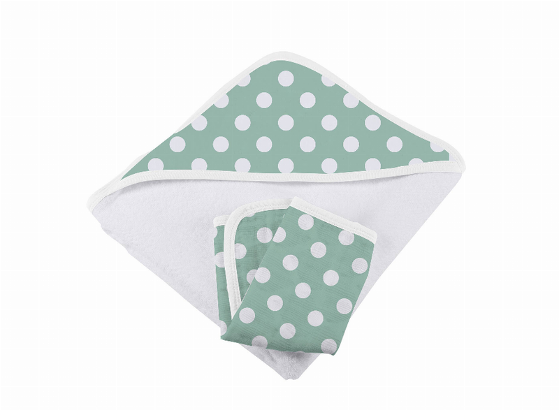 Hooded towel with green polka-dot lining and gray terry; matching washcloth