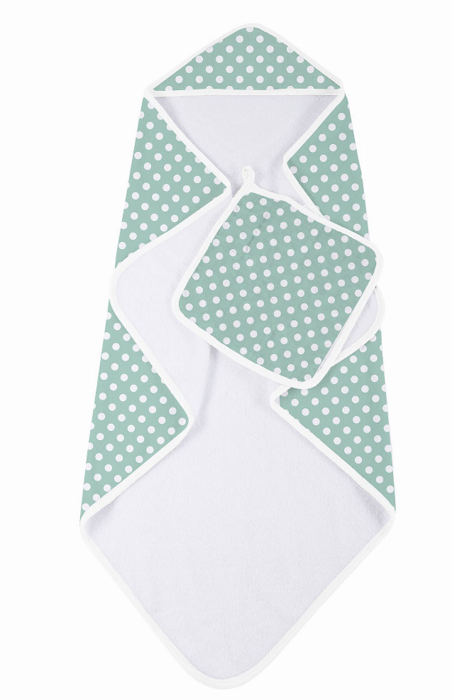 Hooded towel and washcloth set with green polka-dot fabric and light gray terry