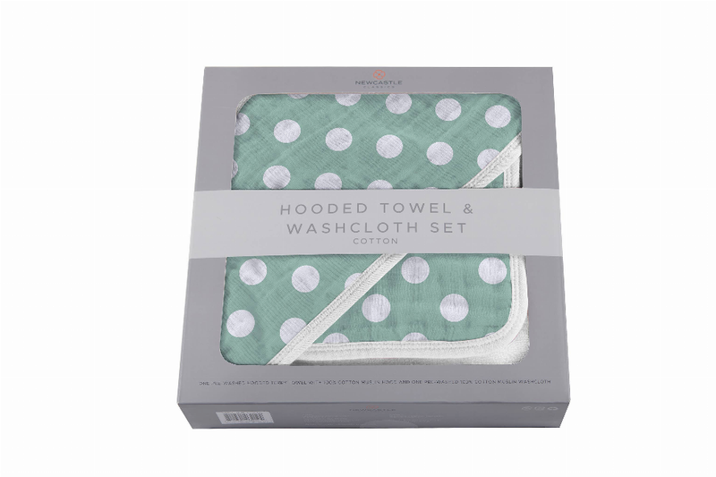 Hooded towel and washcloth set in retail box with green polka-dot hood design