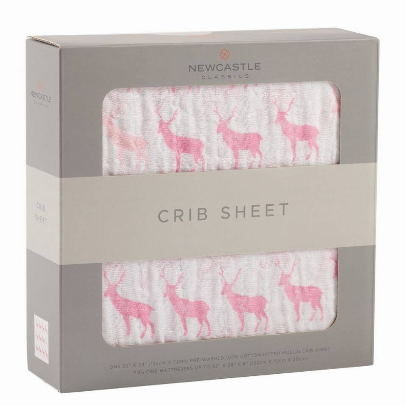 Deer-print crib sheet in retail box, pink deer pattern on white fabric