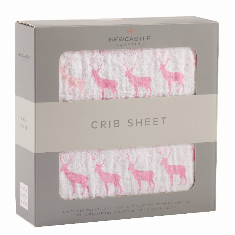 Deer-print crib sheet in retail box, pink deer silhouettes on white